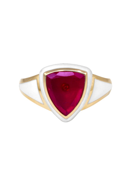 White Enamel with Ruby Shield Ring