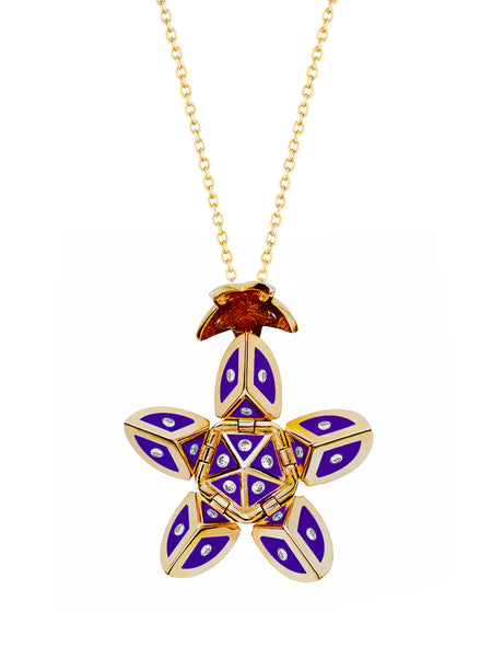 Yellow Gold Petal with Periwinkle Blue Enamel and Diamonds