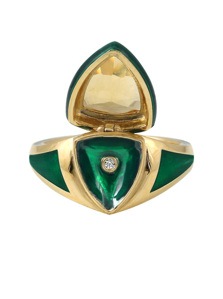 Green Enamel with Citrine Shield Ring
