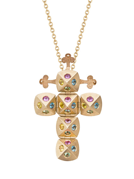 Yellow Gold Cross with Green, Pink, Yellow Sapphires and Aquamarines