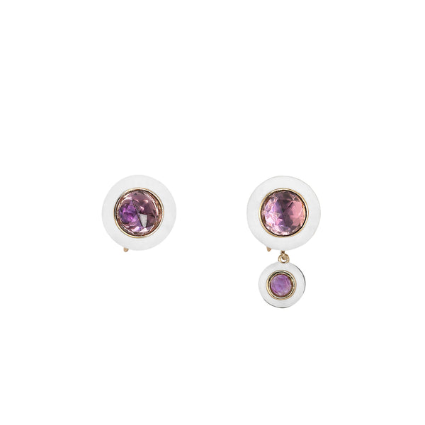 Yellow Gold Hidden Gem Earrings with White Enamel and Pink Quartz