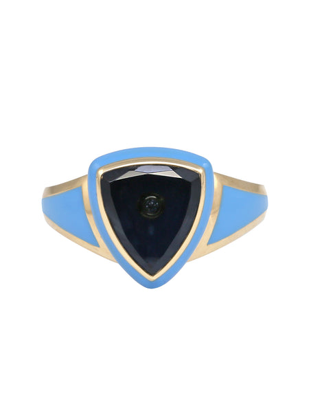 White Enamel with Light Blue Sapphire Shield Ring