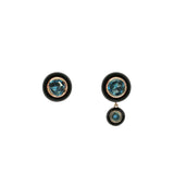 Yellow Gold Hidden Disk Earrings with  Black Enamel and Tourmaline