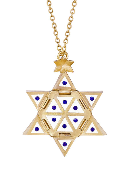 Yellow Gold Star of Creation with White Ceramic and Blue Sapphires